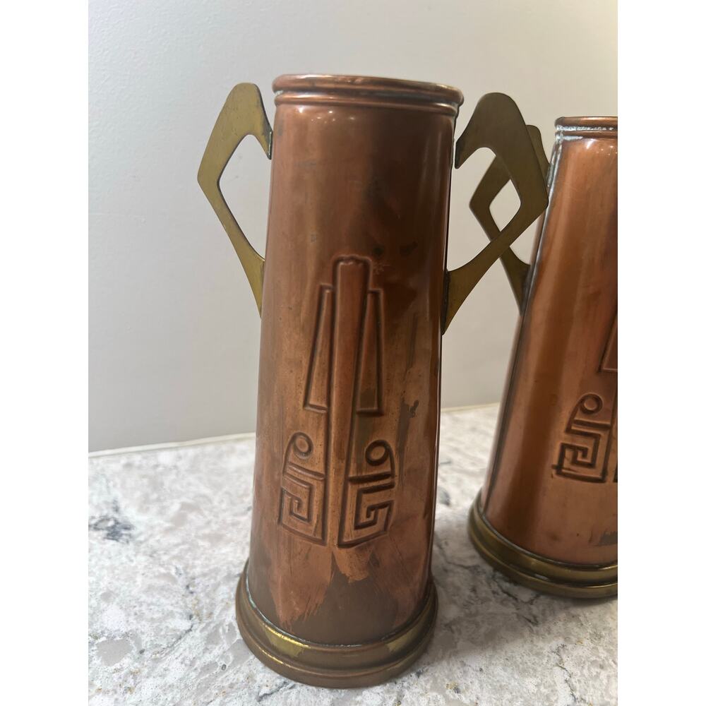 2 Gebrüder Bing Nuremberg Vases Circa 1900-10 Brass Copper Geometric JL - Picture 2 of 11